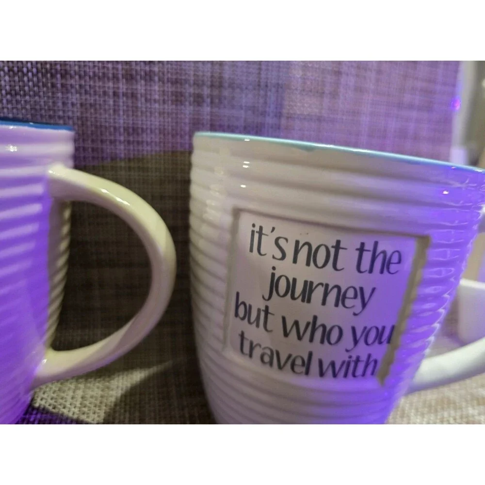 The Old Pottery Company Jumbo 20 oz Quote Mugs Set of 2 Blue Ribbed Ceramic